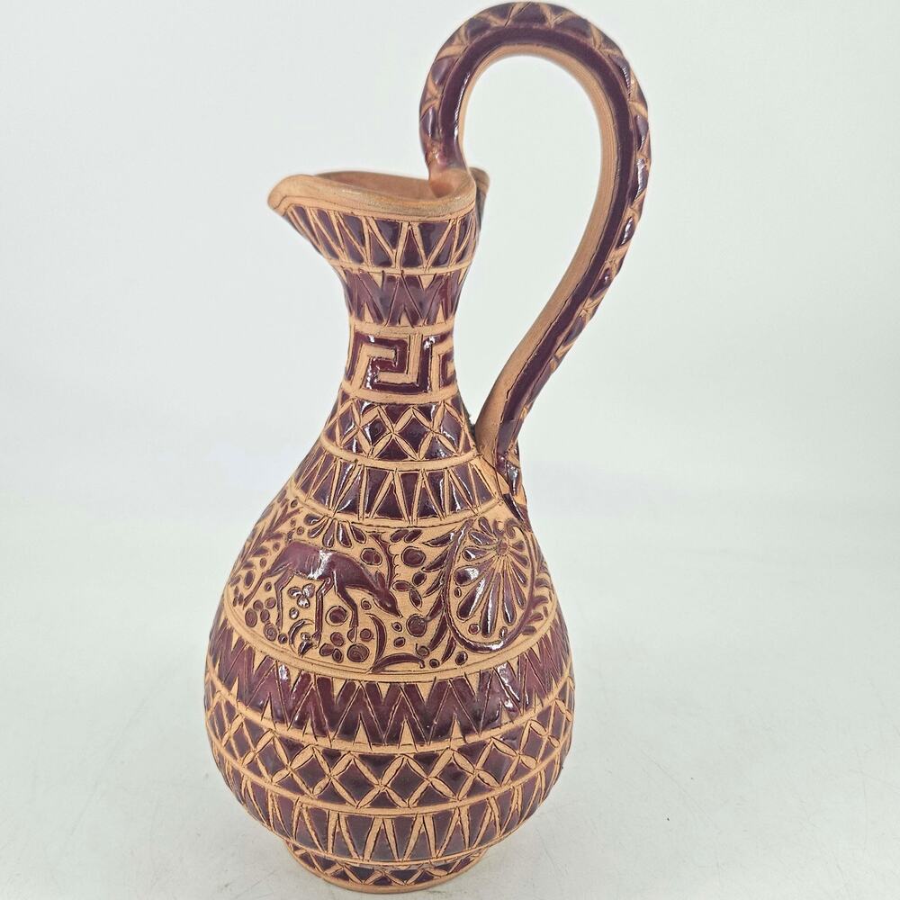 Rare vintage Icaros Rhodes Pottery Pitcher hand Painted oxblood deer Greece